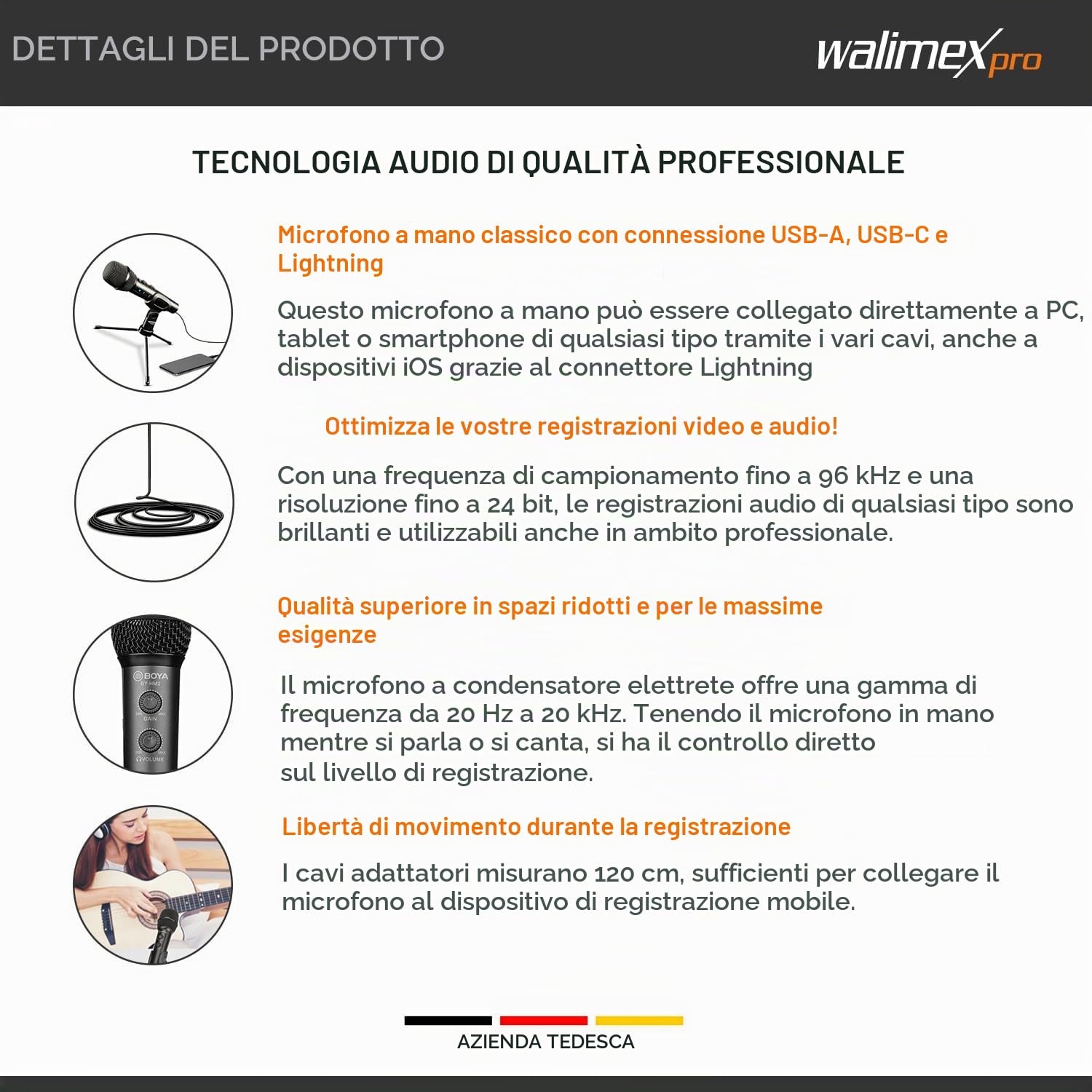walimex pro Boya HM2 Microfono a Mano USB-C per Smartphone con Jack Cuffie e Supporto per Asta