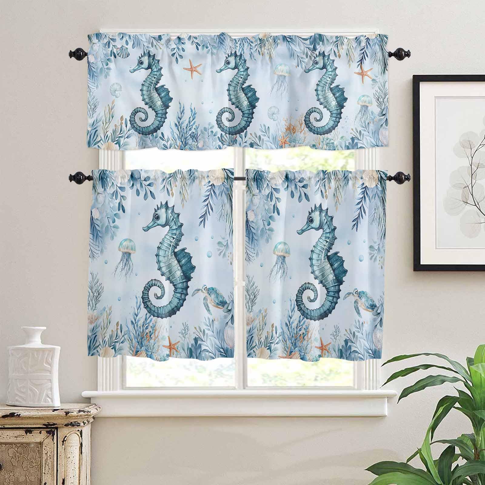 Seahorse Coastal Kitchen Curtains 24 Inch Length, 3 Piece Rod Pocket Small Half Tiers and Valance Set, Blue Eucalyptus Botanical Small Large Window Treatment Decor for Bedroom/Bathroom Sink