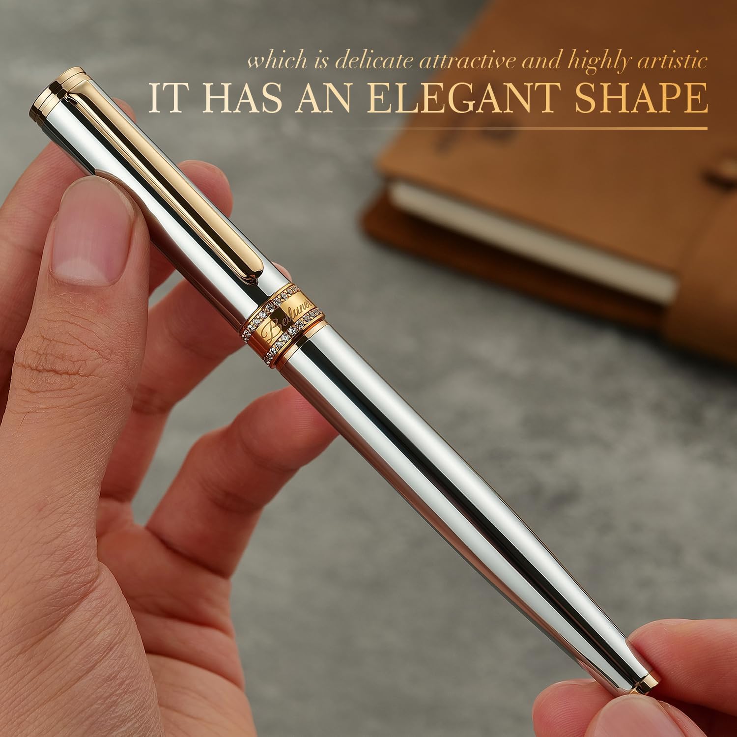 BEILUNER Silver Chrome Rollerball Pen, Diamond-Studded Cap Design, 24K Gold Trim, Noble and Elegant, Schneider Ink Refill, Best Pen Gift Set for Women & Men, Professional, Business Office, Nice Pens