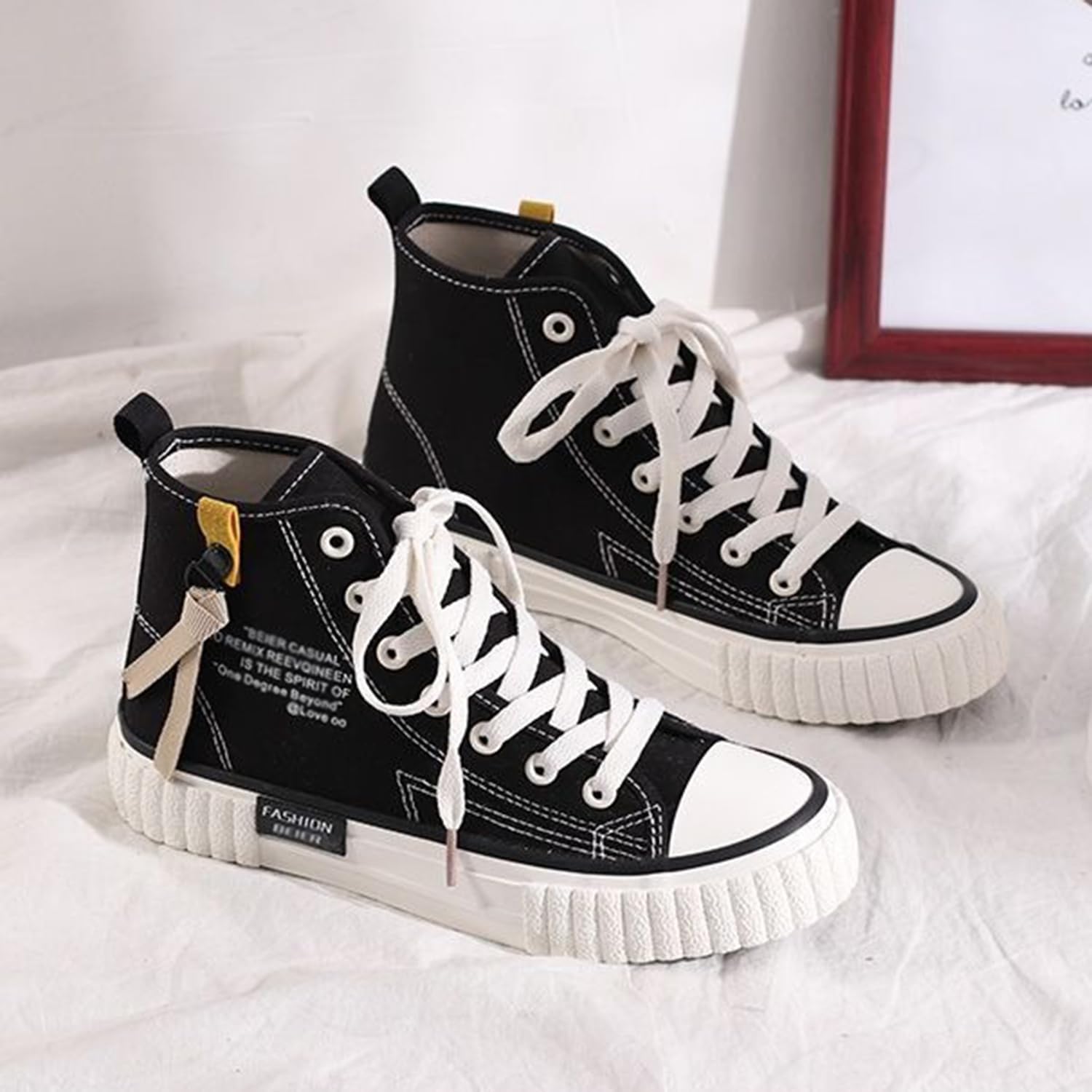 Sneakers Alte in Tela da Donna con Lacci Scarpe da Ginnastica Casual per Primavera e Autunno Scarpe Sportive Piatte Eleganti e Stilose
