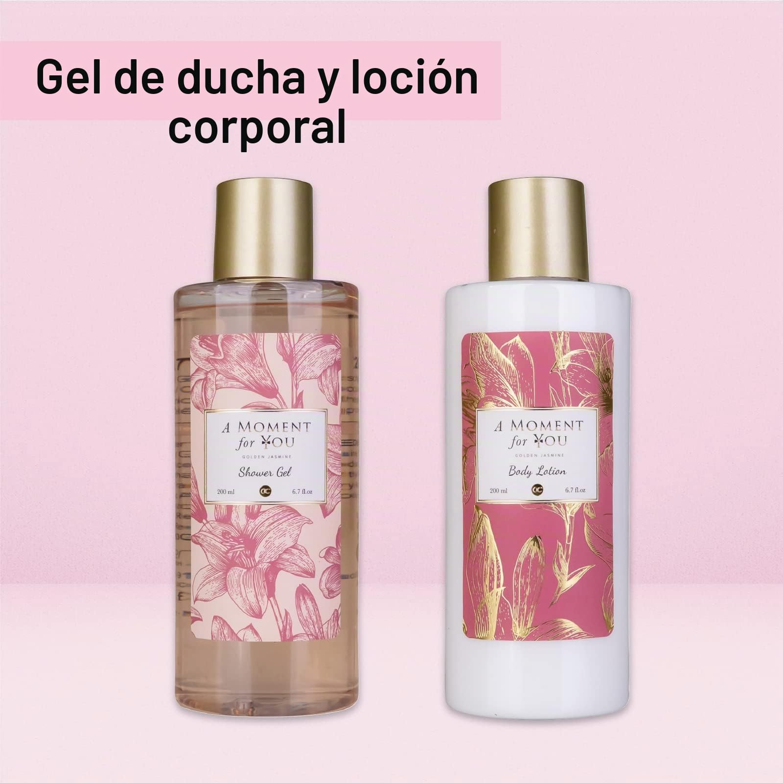 accentra - Set Regalo Mujer Un momento para ti Fragancia Jazmín - Set de belleza de lujo con gel de ducha, sales de baño, loción corporal y mucho más. - Para mujeres con bomba de cerámica de purpurina