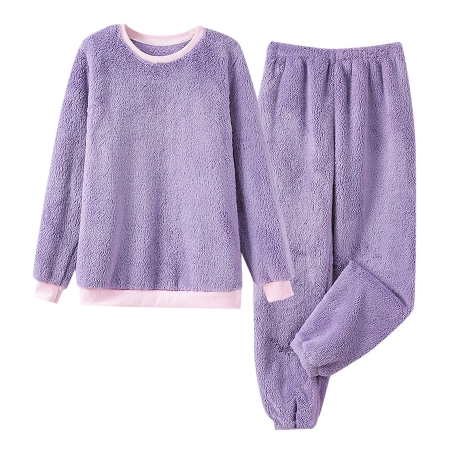 2-Piece Velvet Pajama Set for Women – Flannel Winter Sleepwear, Warm Thickening Pajamas, Home Wear(Purple,XL)