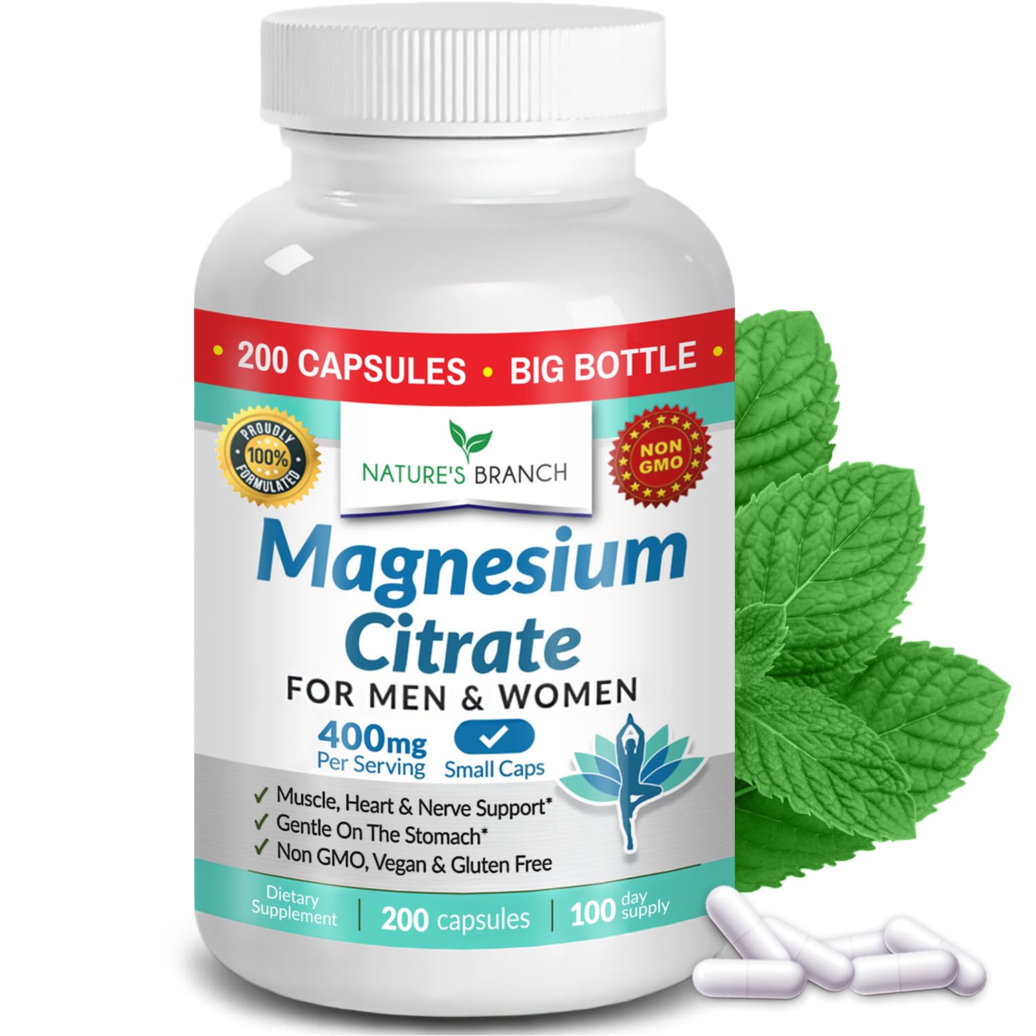Magnesium Citrate 400mg - 200 Capsules - High Potency for Sleep, Leg Cramps, Extra Strength Absorption, Easy to Swallow Pills for Women & Men, Vegan Supplement Not Tablets - Made in USA