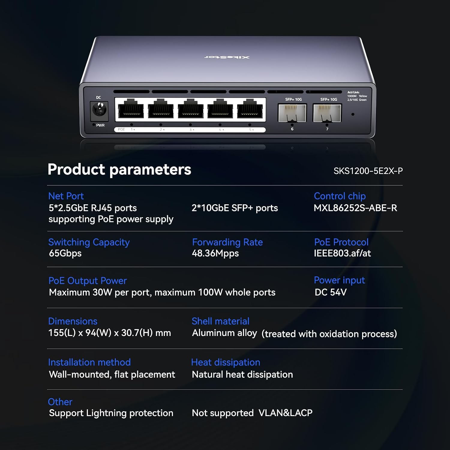 7 Port Switch, 5 Port 2.5G PoE Switch, 2 Port 10G SFP+, IEEE802.3af/at, Total Power Supply 100W, Maximum Power per Port 30W, unmanaged, Plug and Play, Compatible with 100/1000/2500Mbps, fanless