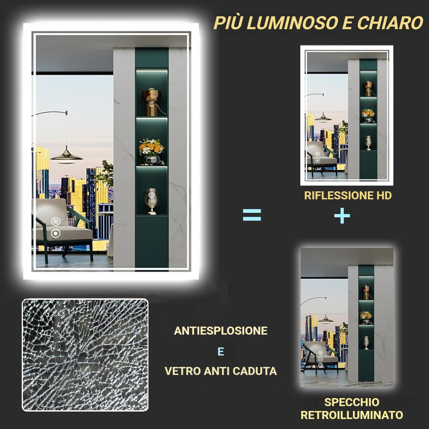 Specchio Bagno con Luce - 80 x 60 CM Specchio Bagno LED Antifog, Specchi da parete Dimmerabile 3 Colori, Specchio Intelligente Infrangibile, Funzione di Memoria (Orizzontale/Verticale)