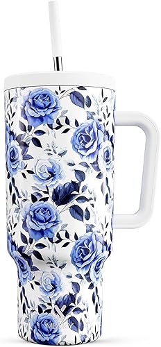 Meoky - Vaso de 40 onzas con asa y pajilla Vaso aislado de acero inoxidable con tapa y pajilla, vaso 100% a prueba de fugas para portavasos de