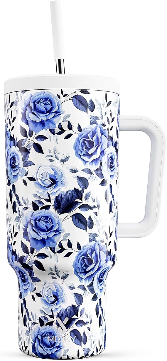 Meoky 40 oz Tumbler with Handle and Straw: Stainless Steel Insulated Tumbler with Lid and Straw - 100% Leak Proof Tumbler for Car Cup Holders - Travelers Commuters Workers, Blue Rose