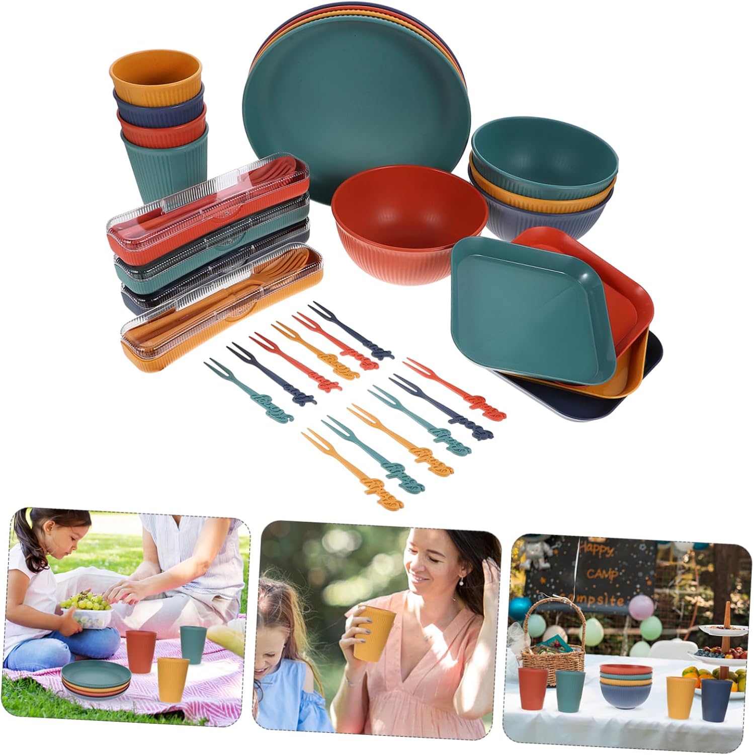 Mikinona Portable Wheat Straw Tableware Set Unbreakable Food-grade Camping Utensils Kit with Bowl Plate Cup Fork Spoon Chopsticks for Outdoor Dining