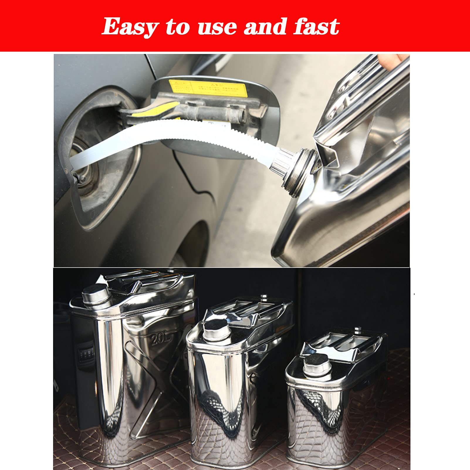 CGF- Taniche Carburante Serbatoio Carburante di scorta in Acciaio Inox da 5 l, 10 l Orizzontale con beccuccio Flessibile per Auto Piccola imbarcazione, Spessore Parete barilotto 1 mm, Argento
