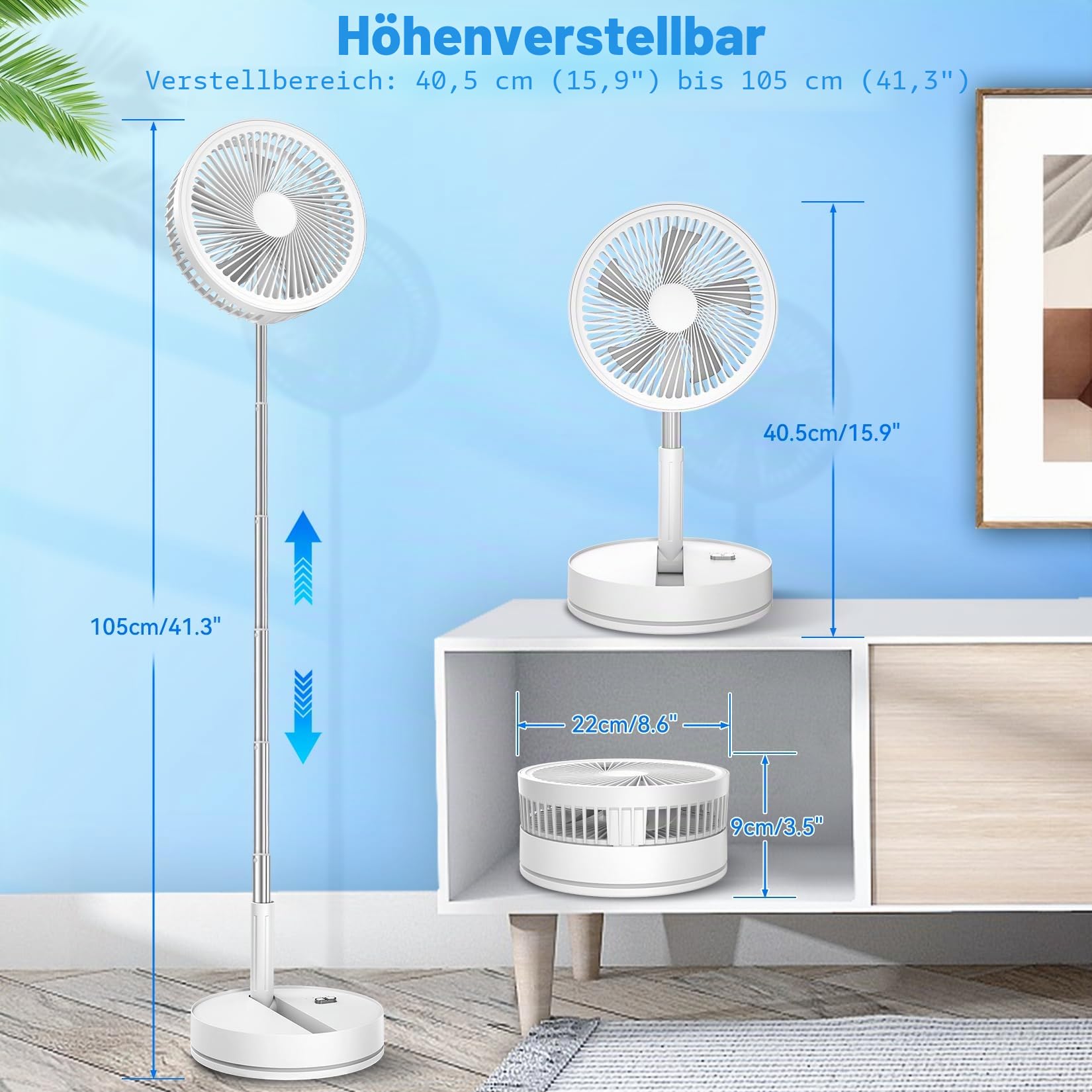 LIPETY Tragbarer Faltbarer Oszillierend Ventilator - 8,6" 8000mAh Akku Aufladbar USB C Klein Tischventilator mit Fernbedienung Leise Standventilator Table Fan für Hause Zimmer Büro Reisen Camping