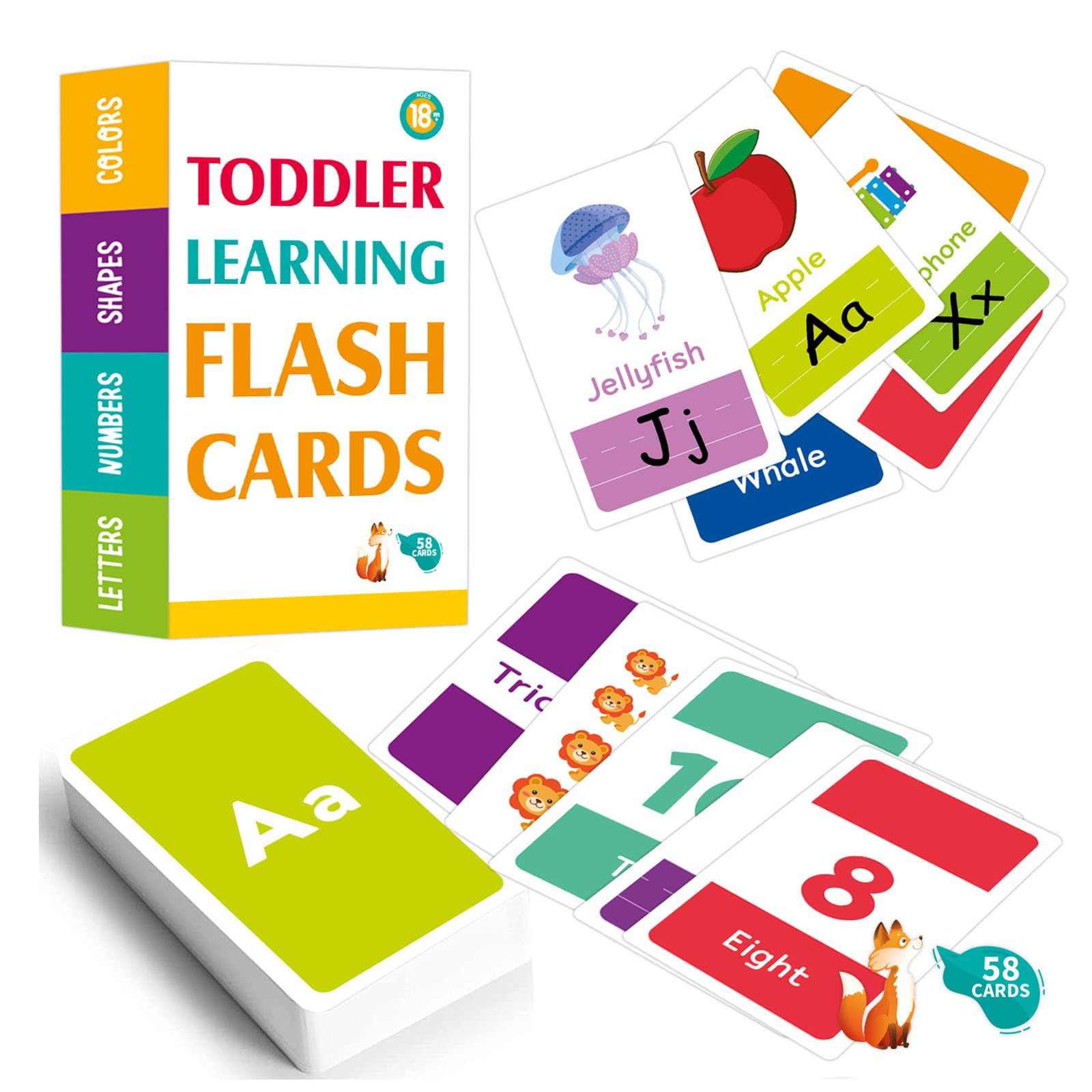 Toddler Learning Flash Cards - Letter Flashcard - for Toddlers Ages 18 Months + - 58 Pcs Alphabet Flash Cards Contains Letters, Colors, Shapes and