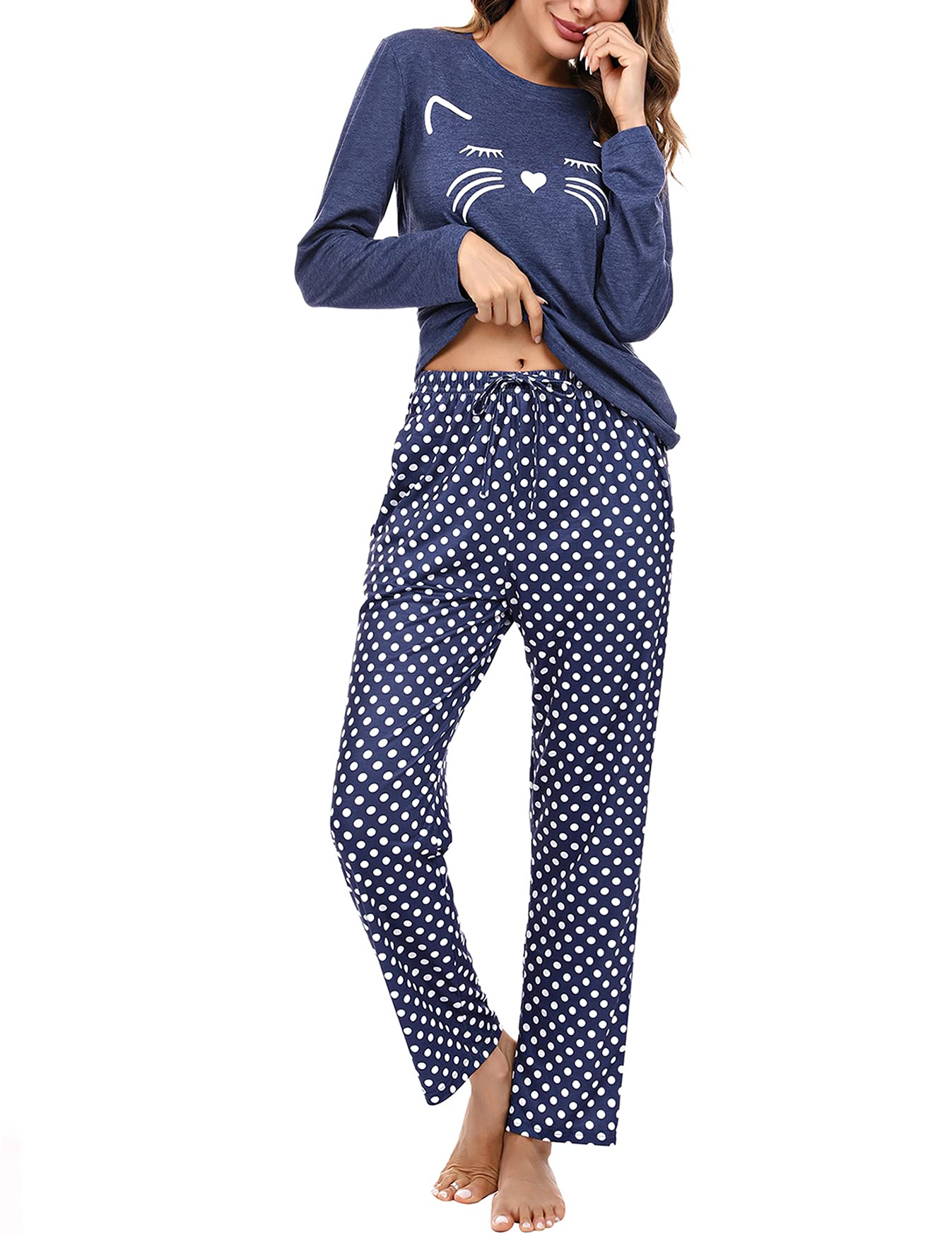 Uniexcosm Pigiama per Donna Pigiama Donna Cotone Lungo Leggero Gatto Girocollo Maniche Lunghe Pigiama Due Pezzi Donna a Tasche Laterali