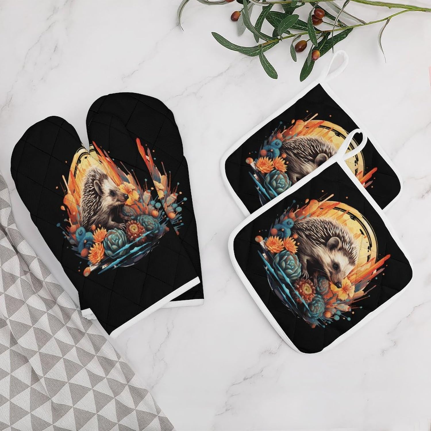 Cute Hedgehog Print 4 Pcs Oven Mitts and Pot Holders Set High Heat Resistant Long Kitchen Oven Glove Potholders