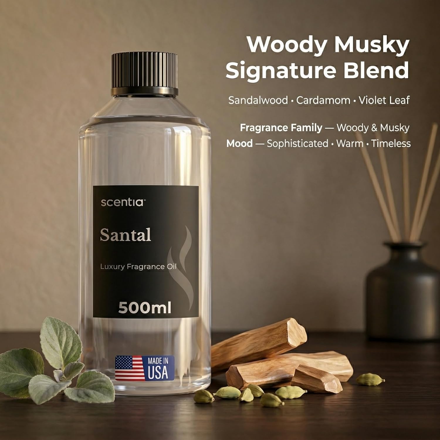 Scentia Santal Diffuser Oil 500ml – Luxury Santal-Inspired Oil – Cedarwood, Amber, Musk, Vanilla – Essential Oil Blend for Large Rooms, Cold-Air Diffusers, HVAC & Ultrasonic, Thanksgiving Gift