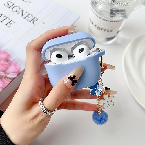 Miniatura 5 de Bonita funda azul cielo para Airpods de tercera generación para niñas y mujeres, con llavero de flores y kit de limpieza, funda protectora de