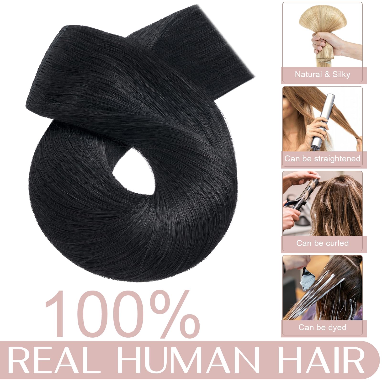 20"(50cm) SEGO Extensiones de Clip de Pelo Natural Una Pieza GRUESA con 5 Clips [#1 Negro Intenso] Remy Cabello Humano Liso (95g) - 5