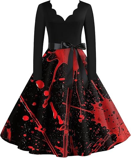 OIOLOYJM Sexy Plus Size Halloween Costumes Woman 2025 Long Sleeve V Neck Printed Gothic Retro Formal Party Dresses for Women