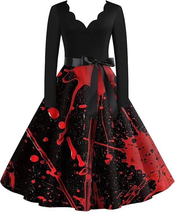 OIOLOYJM Sexy Plus Size Halloween Costumes Woman 2025 Long Sleeve V Neck Printed Gothic Retro Formal Party Dresses for Women
