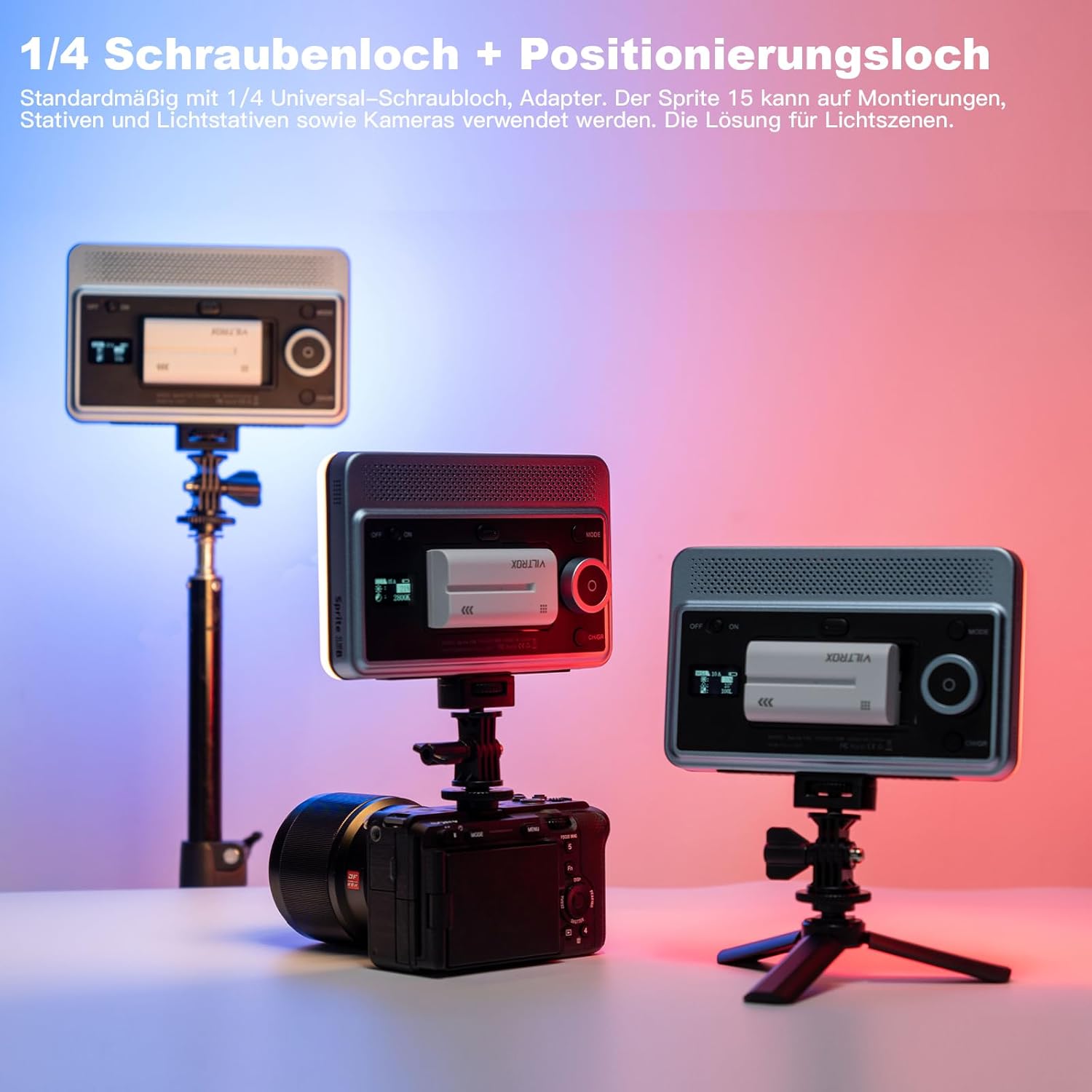 VILTROX Sprite 15C mounted on camera and tripod