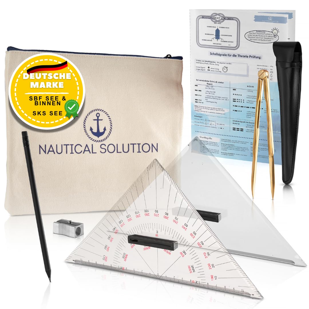SBF See & Binnen - Cubertería de navegación para SBF Navigation I Set: Triángulo y Triángulo de amarre (24,5 cm cada uno), Compás marino, lápiz, sacapuntas y funda, imprescindible para la licencia de
