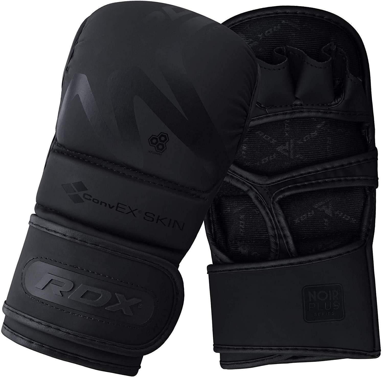 RDX - Guanti MMA per arti marziali e sparring, palmo aperto Maya nasconde pelle convessa guanti in pelle per Grappling, Kickboxing, Muay Thai, sacco da boxe e gabbia combattimento, nero opaco