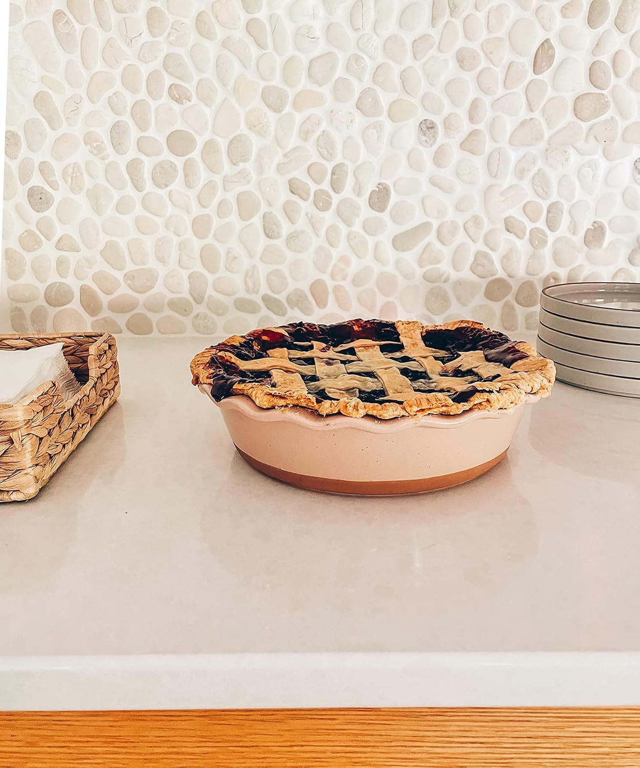 Mora Ceramic Pie Pan for Baking - 9 inch - Deep and Fluted Pie Dish for Old Fashion Apple Pie, Quiche, Pot Pies, Tart, etc - Modern Farmhouse Style Porcelain Ceramic Pie Plate - Chai