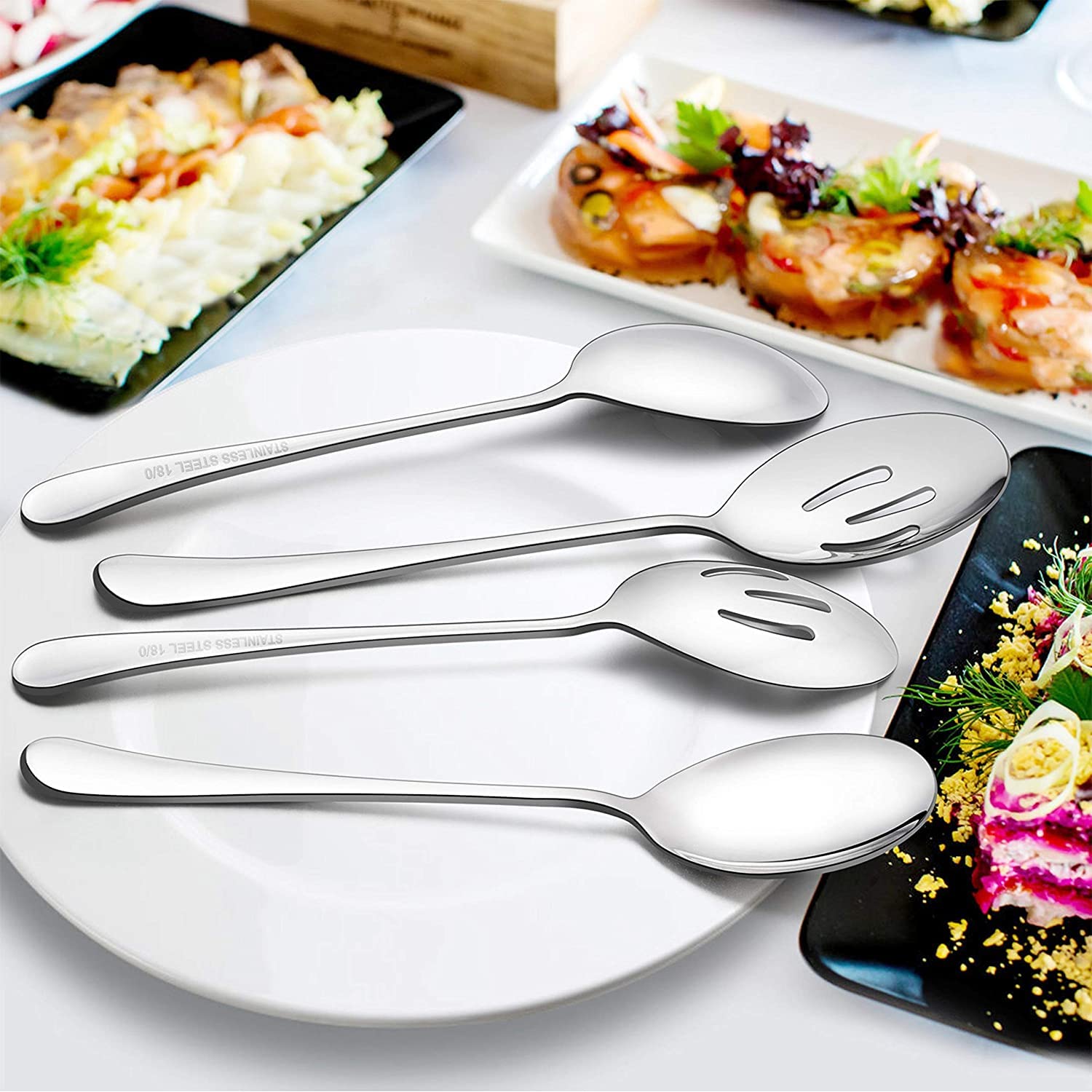 Set da 8 cucchiai da portata grandi, 4 cucchiai da portata grandi, 4 cucchiai da portata scanalati, in acciaio inox per cene a buffet e ristorante, 20,5 cm (argento)