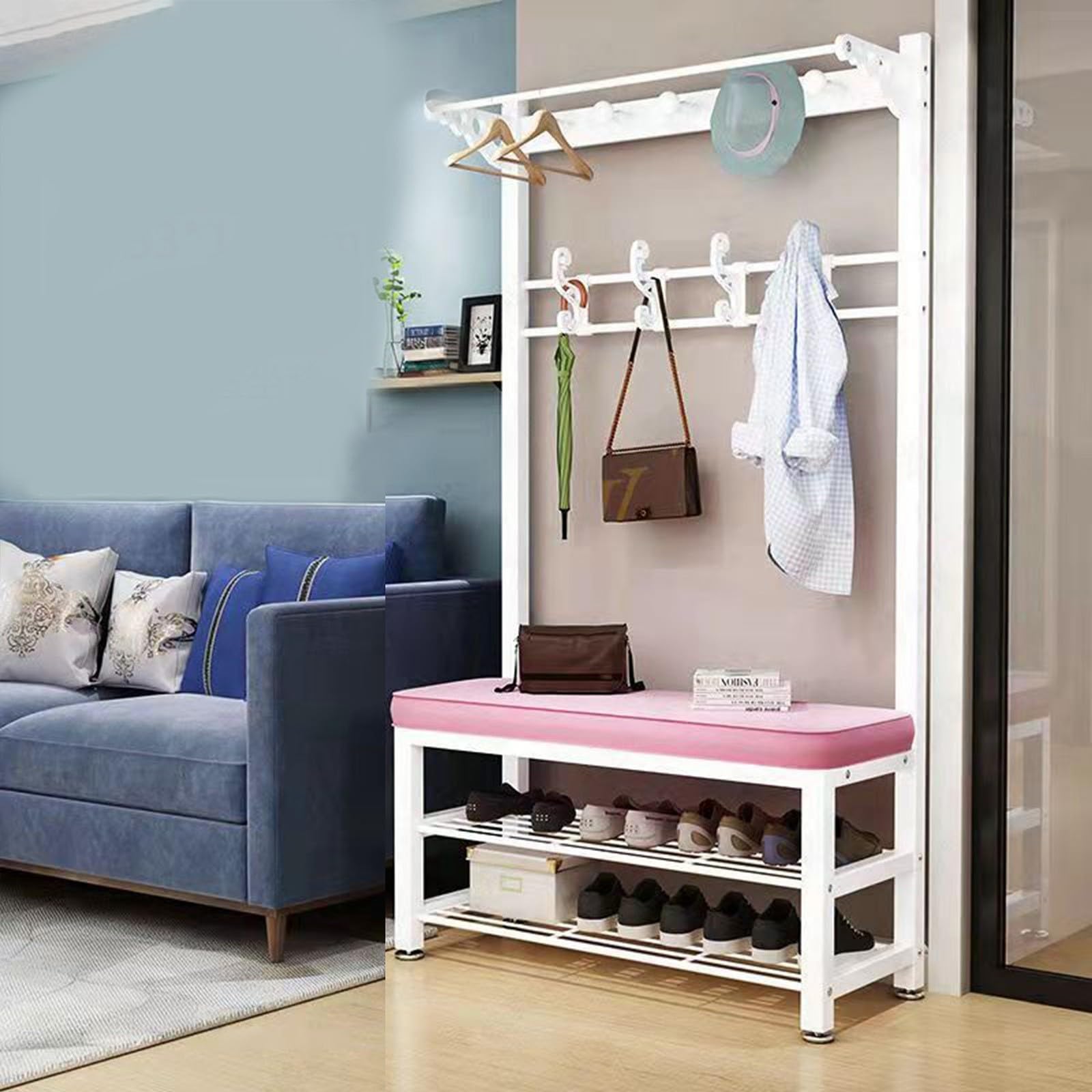 MYUYEE Large Coat Rack With Shoe Rack, Clothes Rack With Metal Frame And Hooks, Coat Rack With Double Hooks And Bench, For Cloakrooms, Bedrooms, Hallways B, 100 * 33 * 172Cm(B-100 * 33 * 172Cm)