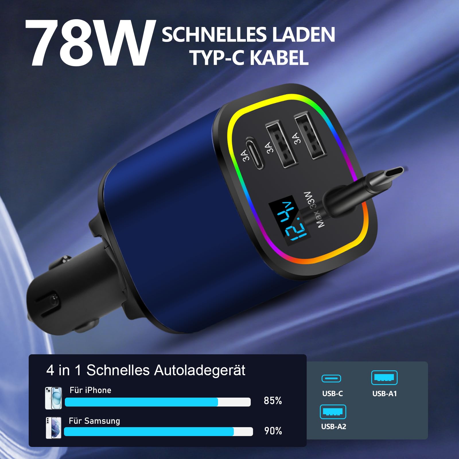 Ładowarka samochodowa USB C, 4 w 1, chowana, 78 W, szybkie ładowanie, ładowarka USB C, adapter do zapalniczki samochodowej, adapter typu C na L do iOS/Android