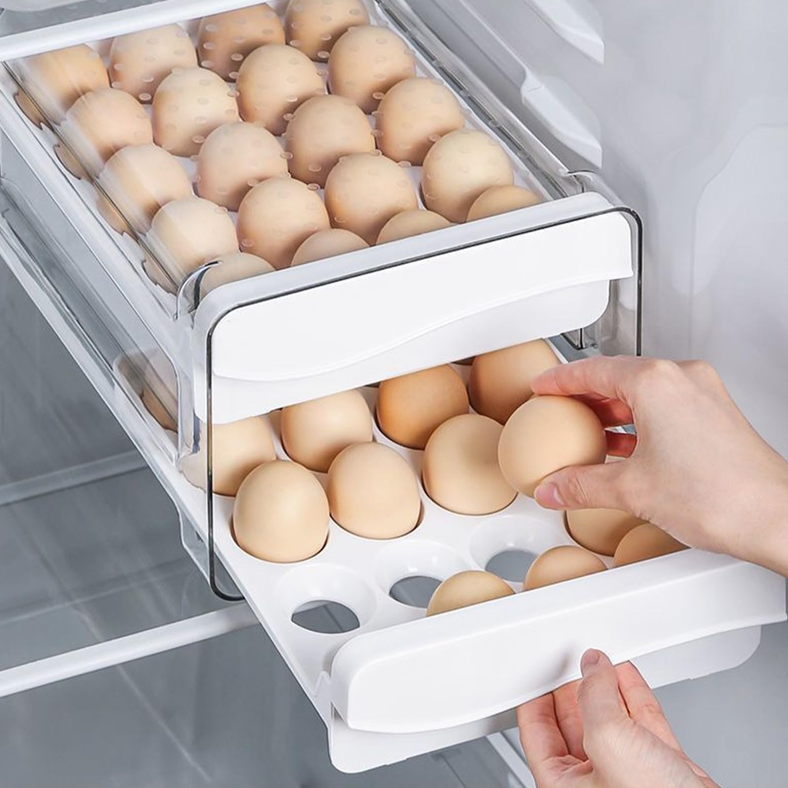 Kühlschrank Aufbewahrungsbox, Eierbox Schubladen, 40 Eier Eierbehälter, Eierhalter Kühlschrank, Stapelbarer Transparenter Kunststoff Eierspender, Organizer Haushalt Eier Ordnungssystem