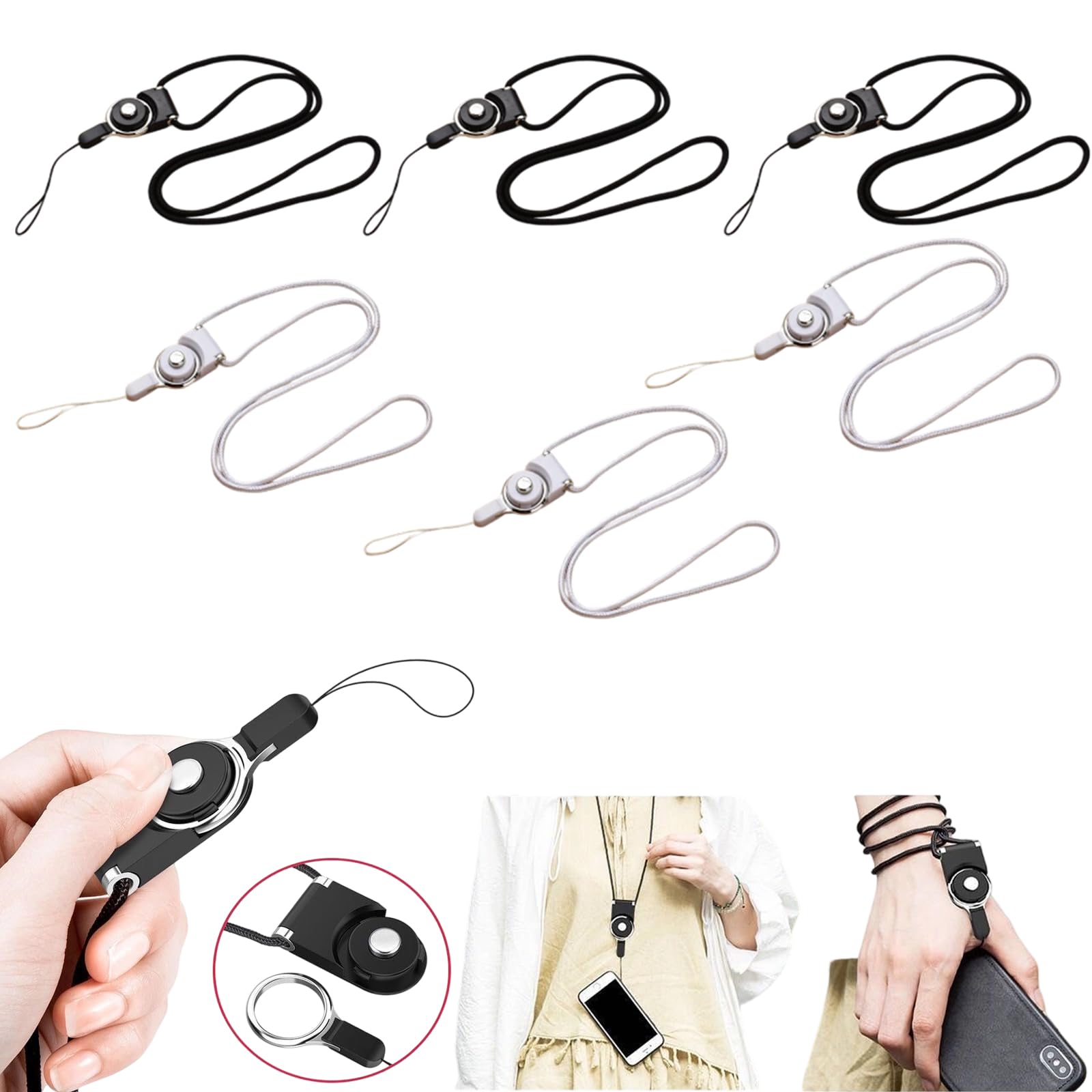 6-Piece Phone Lanyard Set, 2-in-1 Rotating Phone and ID Holder, Black and White Nylon Lanyard for Mobile, Travel Essentials, Phone Accessories, Keychain, Phone Strap, Mobile Hanging Chain-image-32
