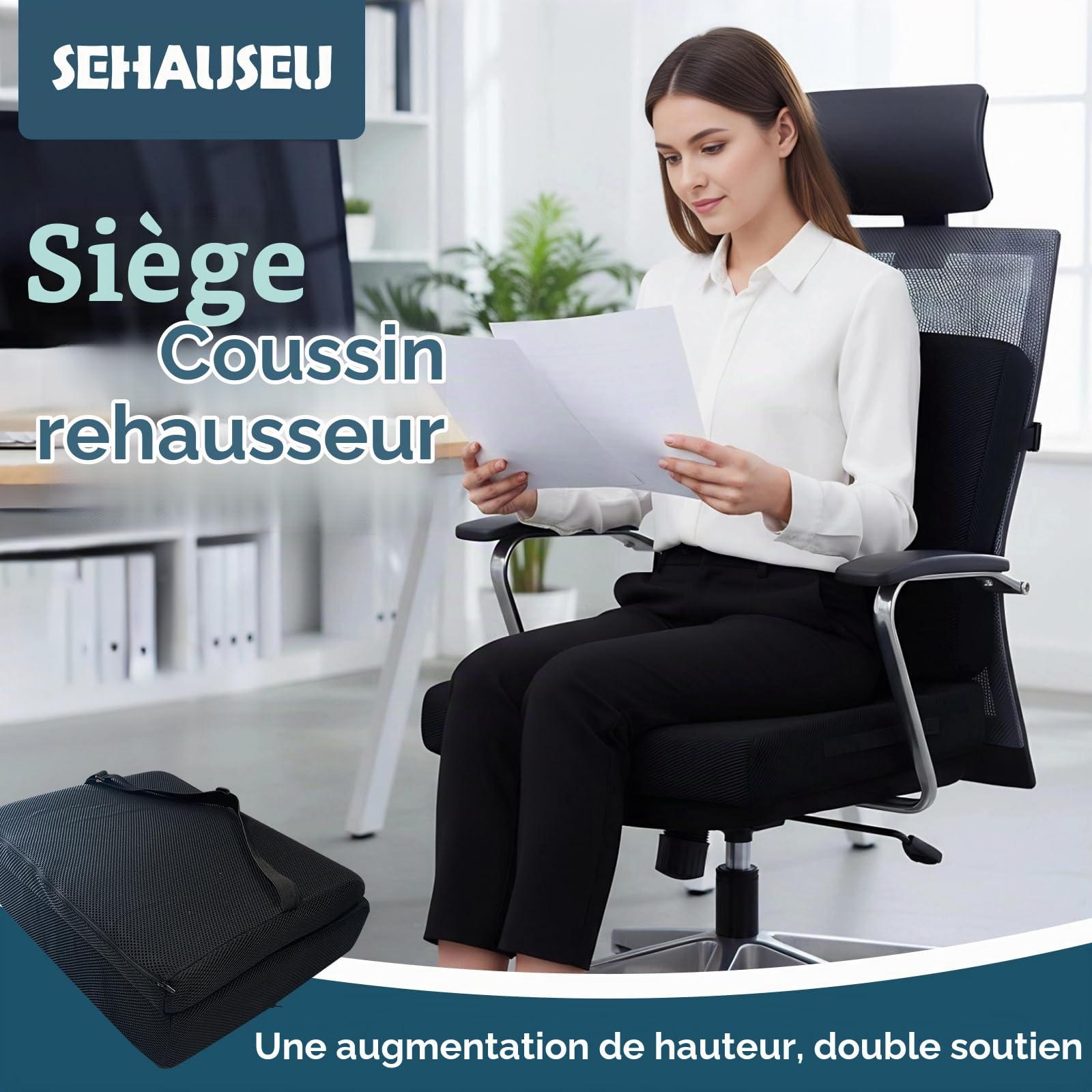Coussin d'assise avec Dossier pour chaises de Bureau sièges Auto et fauteuils roulants. Rehausseur de siège épais avec Dossier Coussin de Chaise en Mousse à mémoire de Forme Coussin Soutien Lombaire