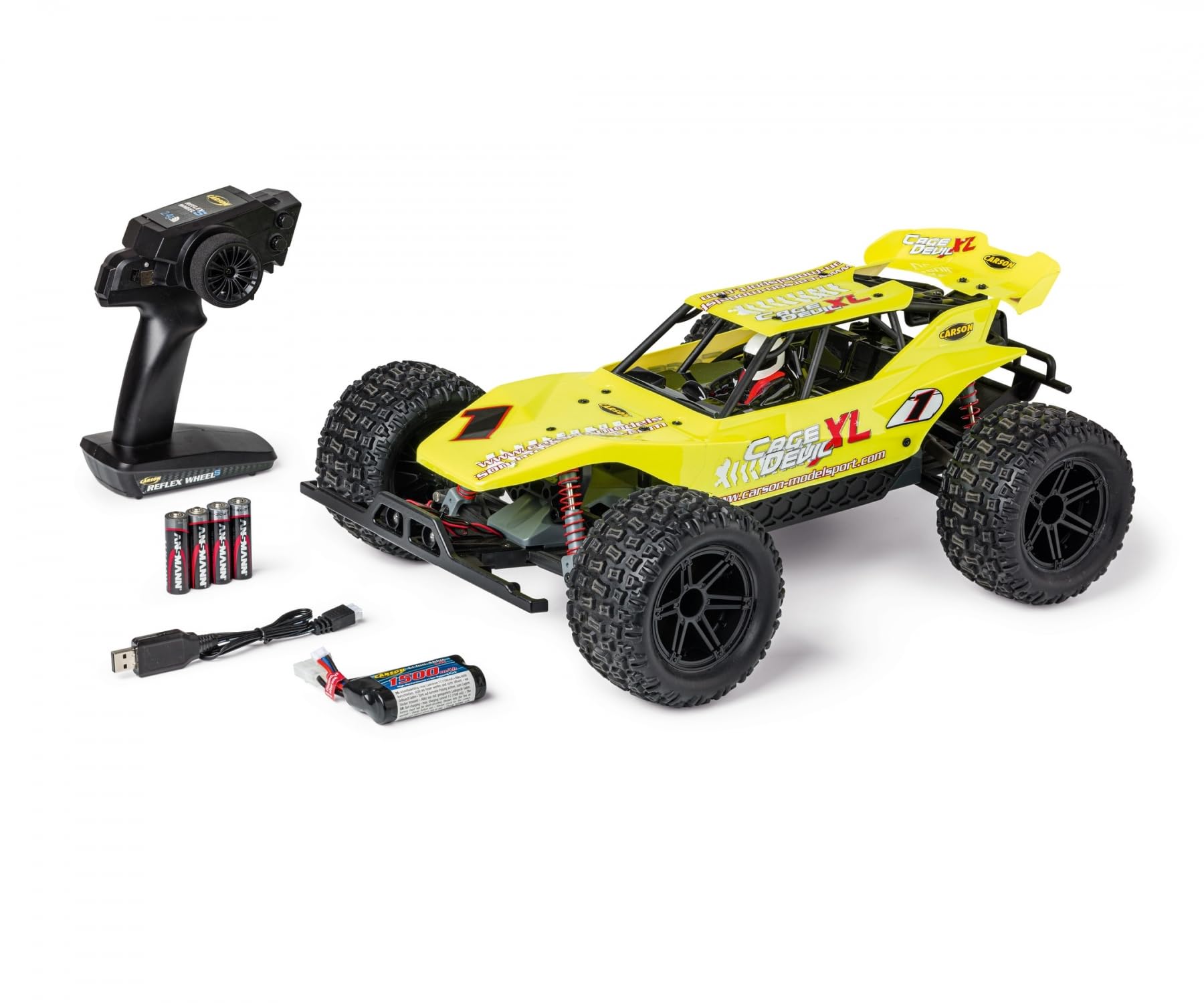 Carson 500404224 1:10 FE Cage Devil XL 2,4 GHz 100% RTR - zdalnie sterowany samochód, Offroad Truggy, w zestawie baterie i zdalne sterowanie, XL Truggy, żółty