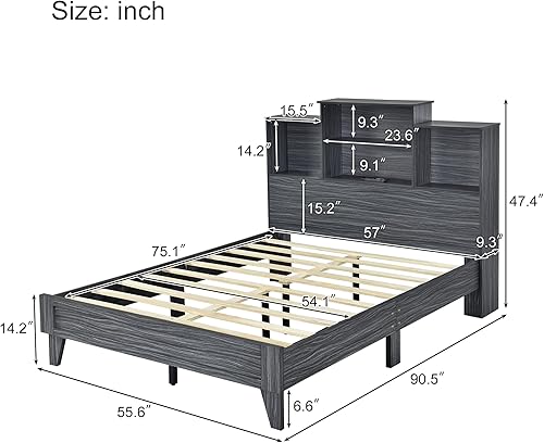 Miniatura 2 de Cama de tamaño matrimonial con cabecera de almacenamiento, plataforma de madera maciza con 4 estantes de almacenamiento y diseño de carga USB, no