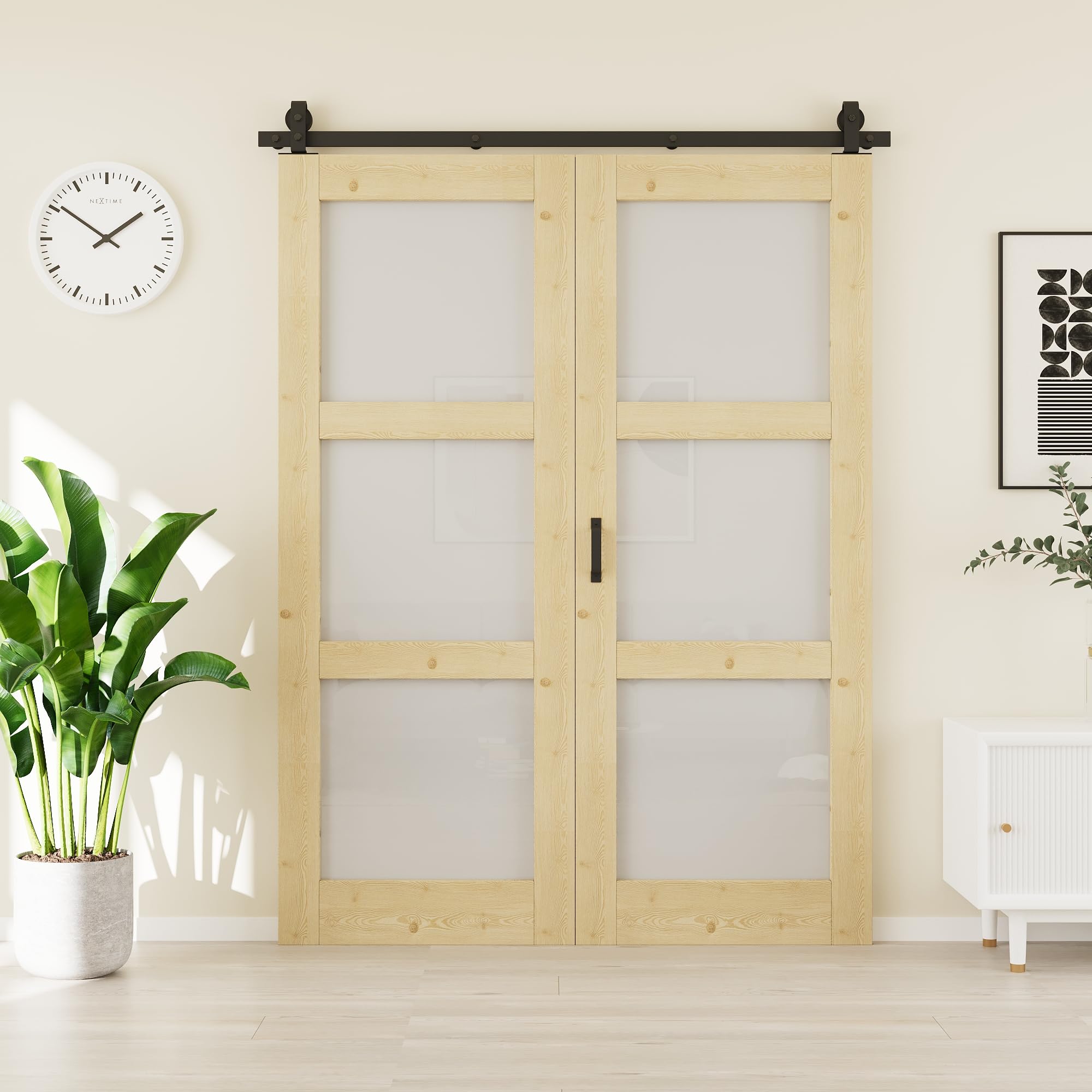 60"(30" x 2) x 80" 3-Lites Tempered Frosted Glass Bifold Barn Door