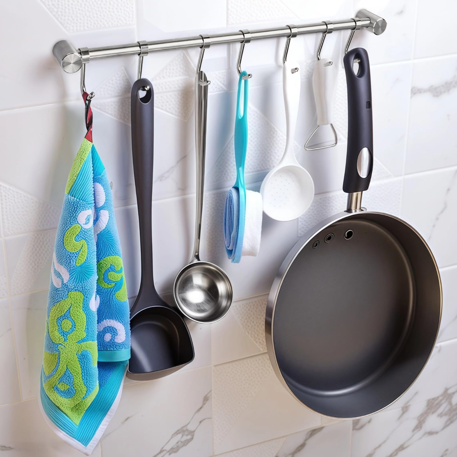 2 Pcs Kitchen Utensil Racks, Stainless Steel Wall Mounted Cooking Utensil Hangers, Pots and Pans Hanging Racks with 7 Hooks, 15.7 in, Includes Installation Accessories