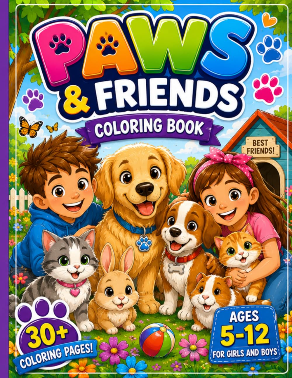 Paws & Friends: Kids Coloring Book: 30+ Fun and Adorable Coloring Pages Featuring Kids, Dogs, Cats, Rabbits, Fish, Birds, Reptiles, and More for Ages 5-12