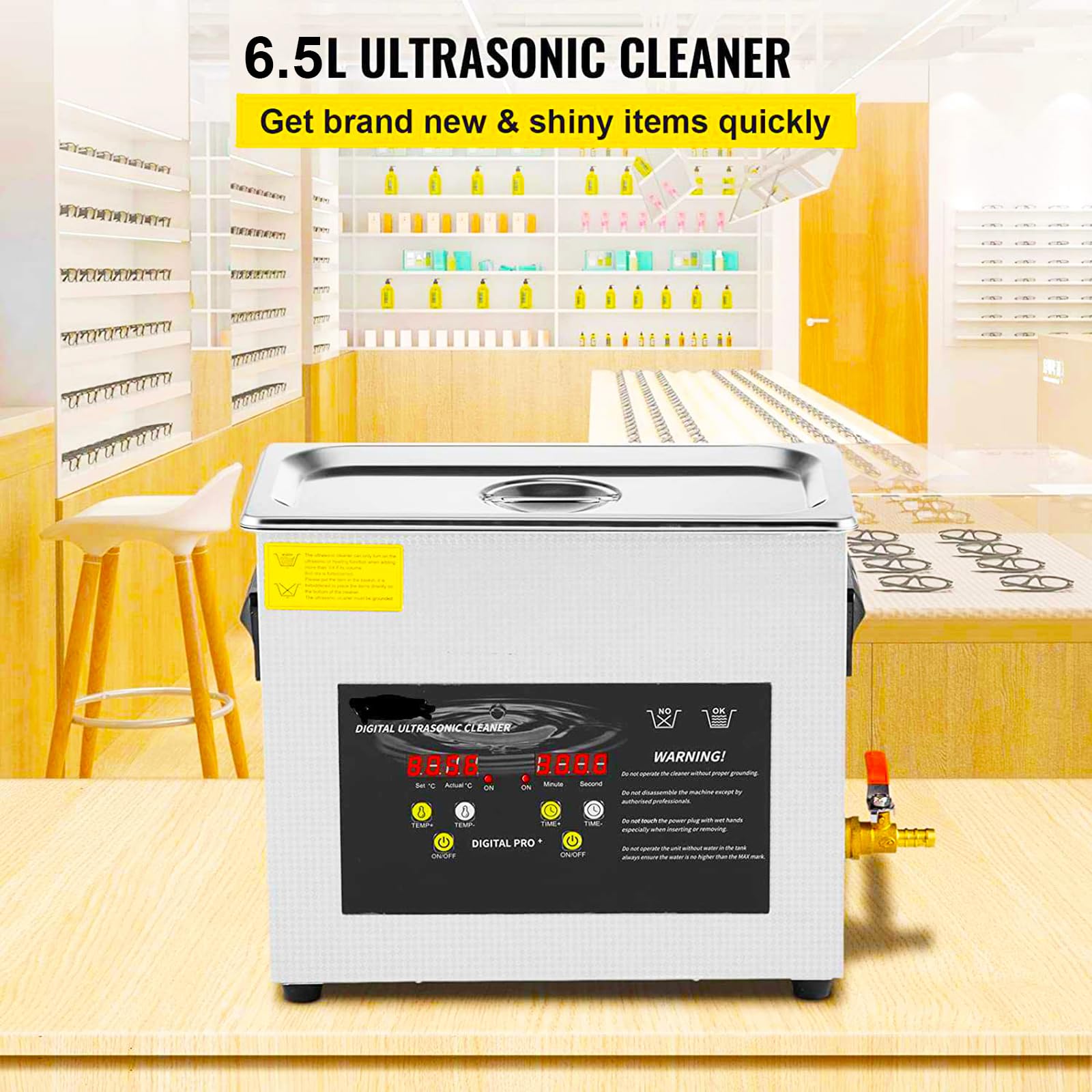 Limpiador Ultrasónico de 6.5L, Máquina de Limpieza Digital de Acero Inoxidable con Calefacción de 150W, con Calentador y Temporizador, para Gafas, Anillos, Discos de Vinilo y Piezas Pequeñas