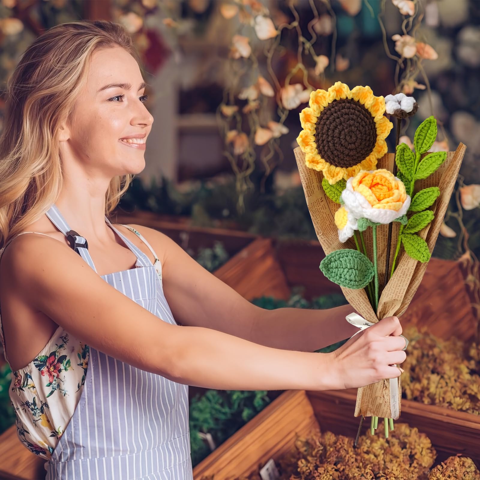 CDOUTSUN Crochet Flowers Bouquet, Knitted Crochet Sunflowers Bouquet Handmade Crocheted Flowers Bouquet DIY Home Decor for Mother's Day Birthday Wedding Gifts