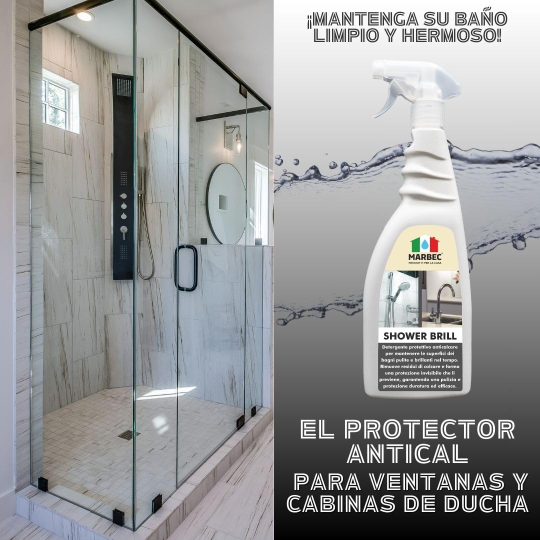 MARBEC SHOWER BRILL 5LTX4UDS Limpiador antical para baño, protector anti-gotas, para cerámicas y vidrios, reduce cal y residuos, fácil mantenimiento diario.