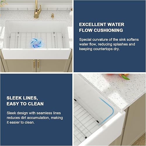 Miniatura 5 de Lordear - Fregadero de cocina blanco de 36 pulgadas, fregadero de cocina de arcilla refractaria de casa de campo, cuenco individual de 36 x 20 x 10