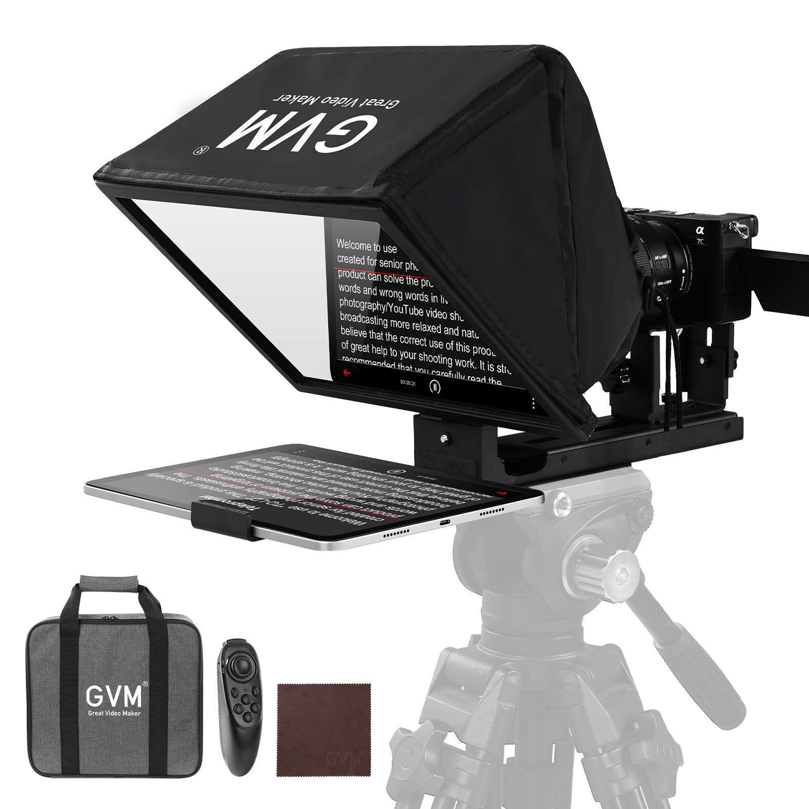 GVM Téléprompteur 12" avec télécommande et Application, téléprompteur Pliable pour Tablette, téléphone, Appareil Photo Reflex numérique, prompteur avec Sac de Transport, écran HD réfléchissant, pour