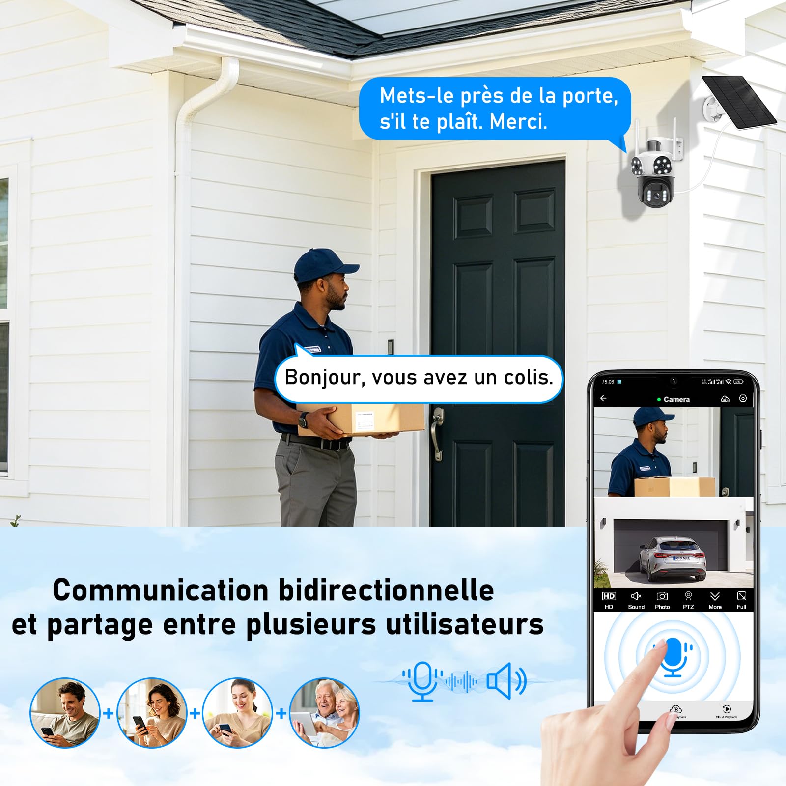 12MP Caméra Surveillance WiFi Extérieure à Triple Objectif,AOV 24/7,355°PTZ Caméra 3-in-1,Détection Humaine avec Panneau Solaire,Suivi Automatique,Vision Couleur,Audio Bidirectionnel,Batterie 10000mAh