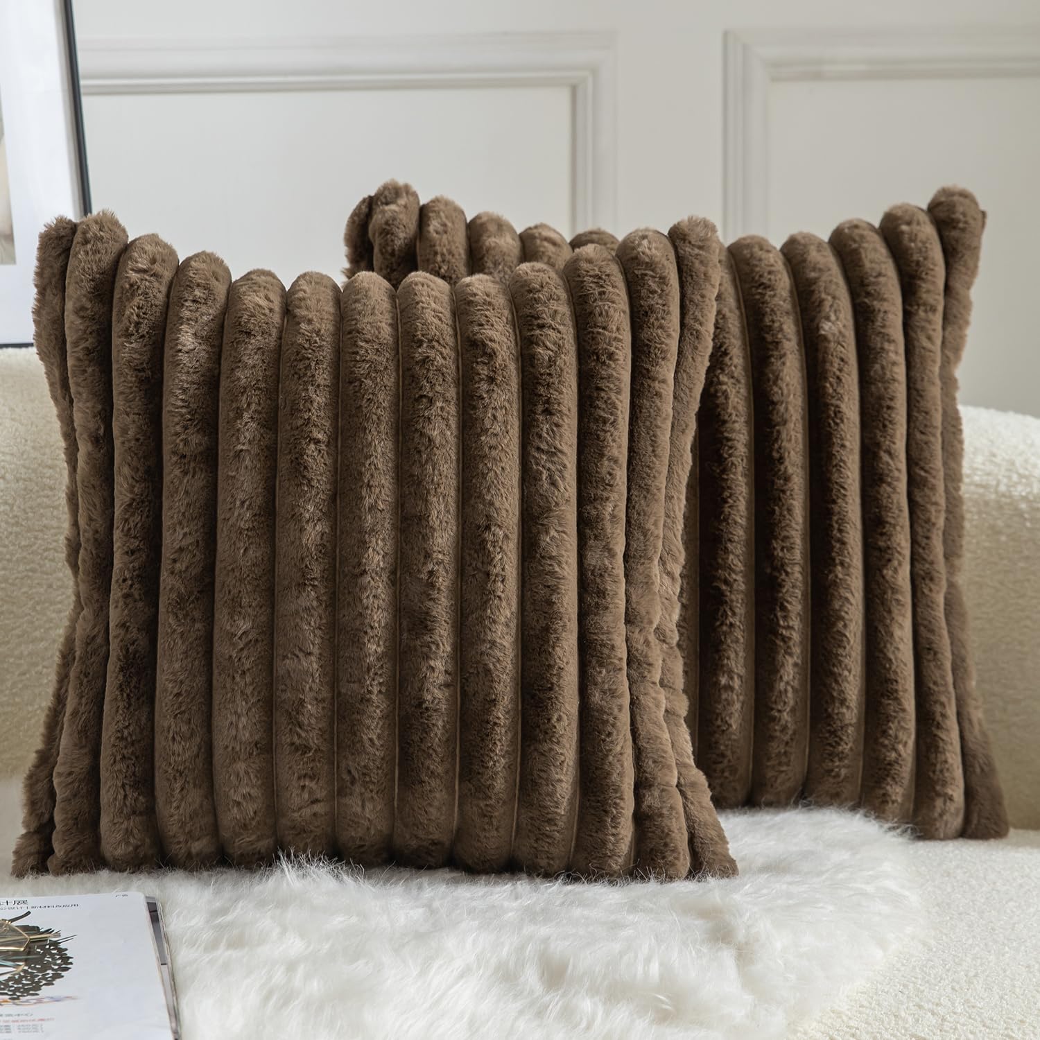 Mandioo Pack of 2 Decorative Cushion Covers 30cm x 50cm Faux Fur Striped Plush Soft Throw Pillow Covers Pillow Cases Bedroom Living Room Sofa Home 20x20 Inch Dark Brown