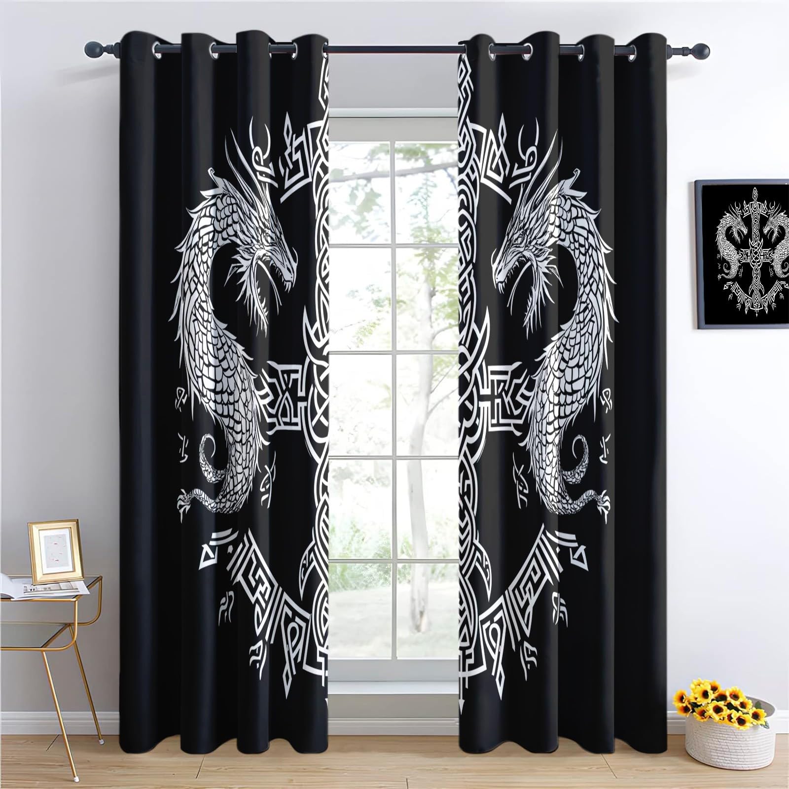 Zasłony Zaciemniające Rune Wikingów Fantasy Smok 117 L x 229 cm (2 panele) Biały Czarny, Izolowana Termoizolacyjna Miękka Zasłona Z Oczkami, Poliestrowe Zasłony Zaciemniające Drukowane Do Salonu