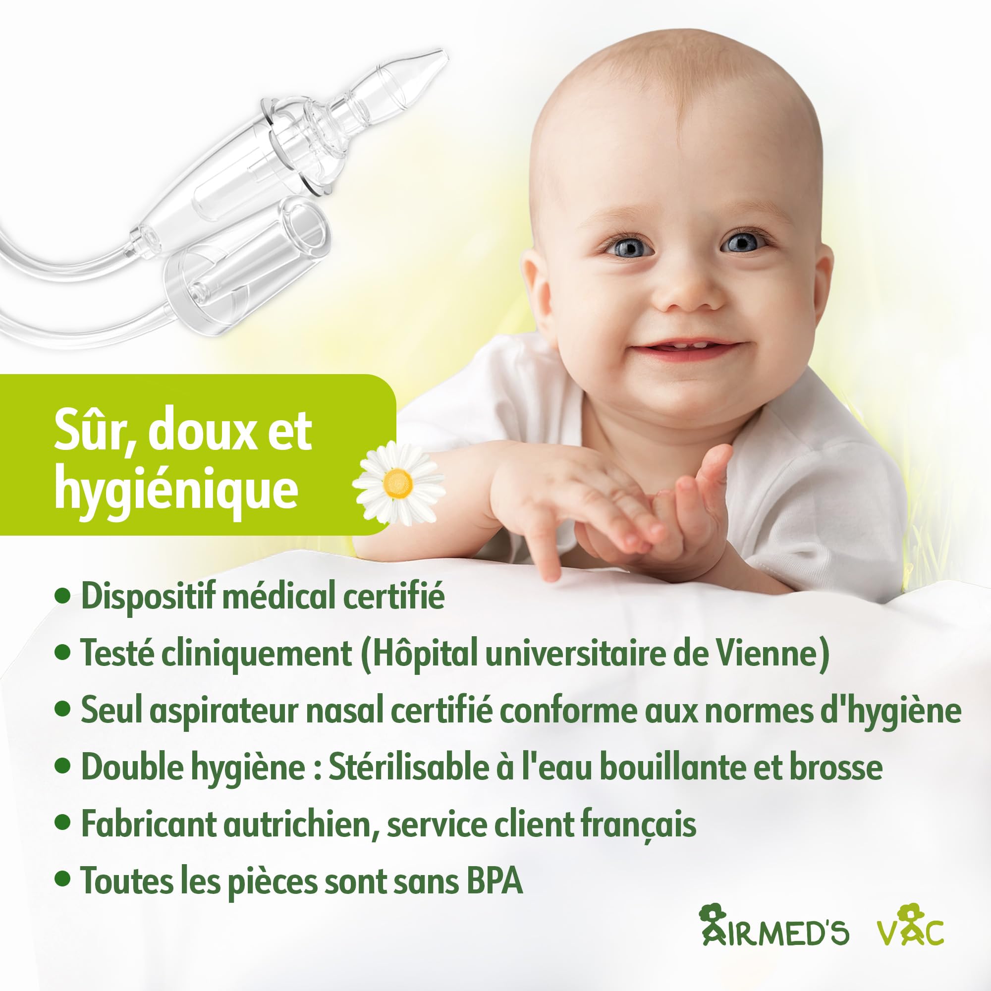 Airmed's Vac Mouche bebe. Testé cliniquement, sûr et doux. Aspirateur nasal | Un nez dégagé en 3 secondes. Avec 2 embouts d'aspiration et une brosse de nettoyage. Compatible avec tous les aspirateurs.