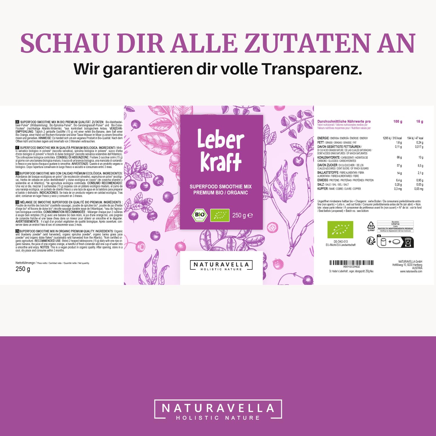 NATURAVELLA LeberKraft Bio Superfood Pulver (250g) für Heavy Metal Detox | Mit Wildheidelbeeren, Gerstengras, Spirulina & Dulse | Nach Rezept von Anthony William | Vegan, laborgeprüft & ohne Zusätze