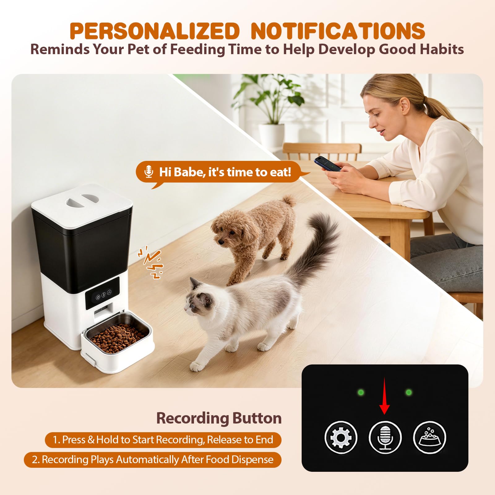 Comedero Gato Automatico 5L con App WiFi, 15g Porciones para Gatos y Perros | Dispensador comida gatos WiFi 2,4GHz, 1-10 comidas/día, antiatascos, voz personalizada y cuenco acero inoxidable