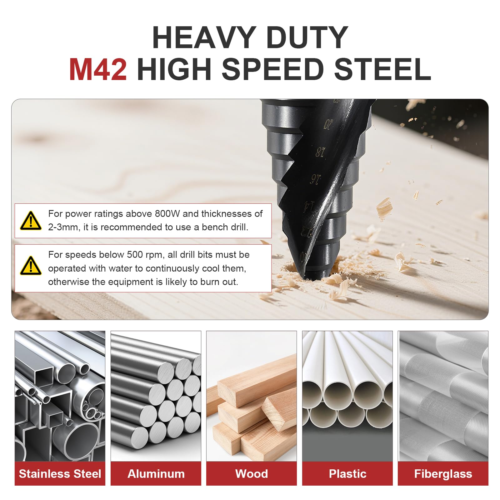 Broca Escalonada para Metal Ø 4-32mm, HSS M42 Broca Conica TiAlN Cobalto, con Vástago Hexagonal, Profesional 15 Pasos Doble Espiral Brocas para Acero Inoxidable, Metal Duro, Madera, Plástico