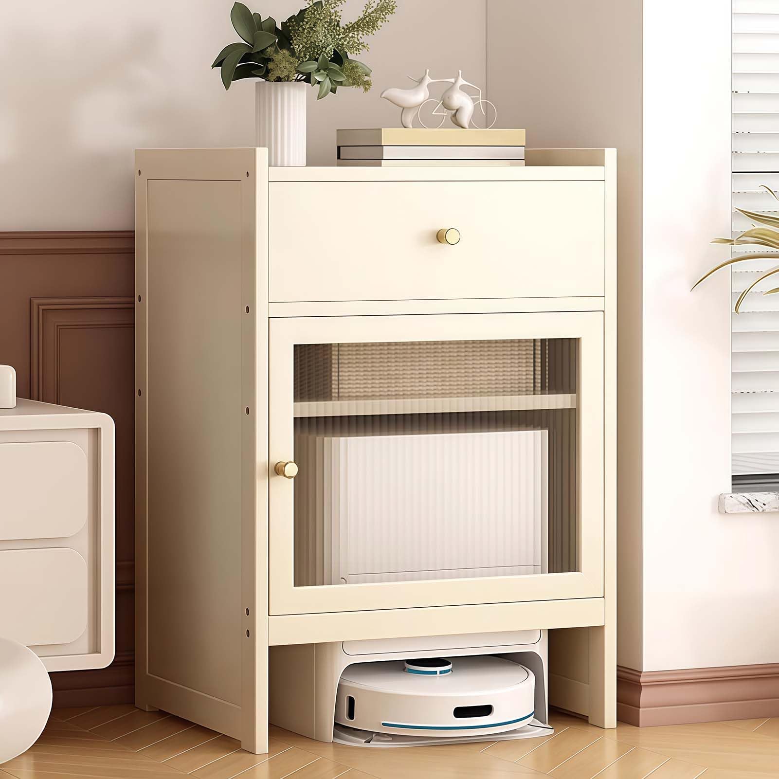BHGFYXBS Robot Vacuum Stand Cabinet Freestanding Wooden Sto Rack With Doors & Ders Adjustable Shelves Versatile Side Table For Living Room Home Office & Kitchen,White,White